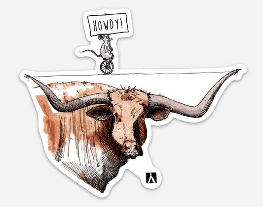 Long Horn Steer With Mouse On A High Wire Vinyl Sticker