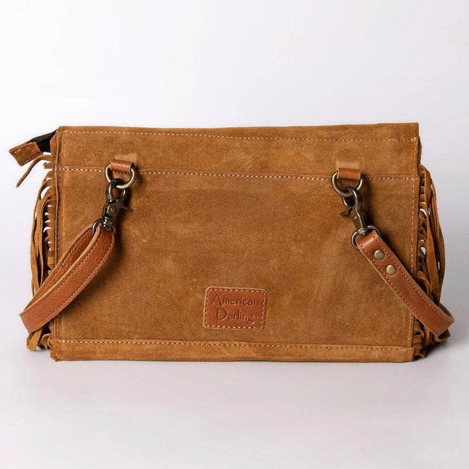 Suede Leather & Fringe Purse Clutch, Caramel