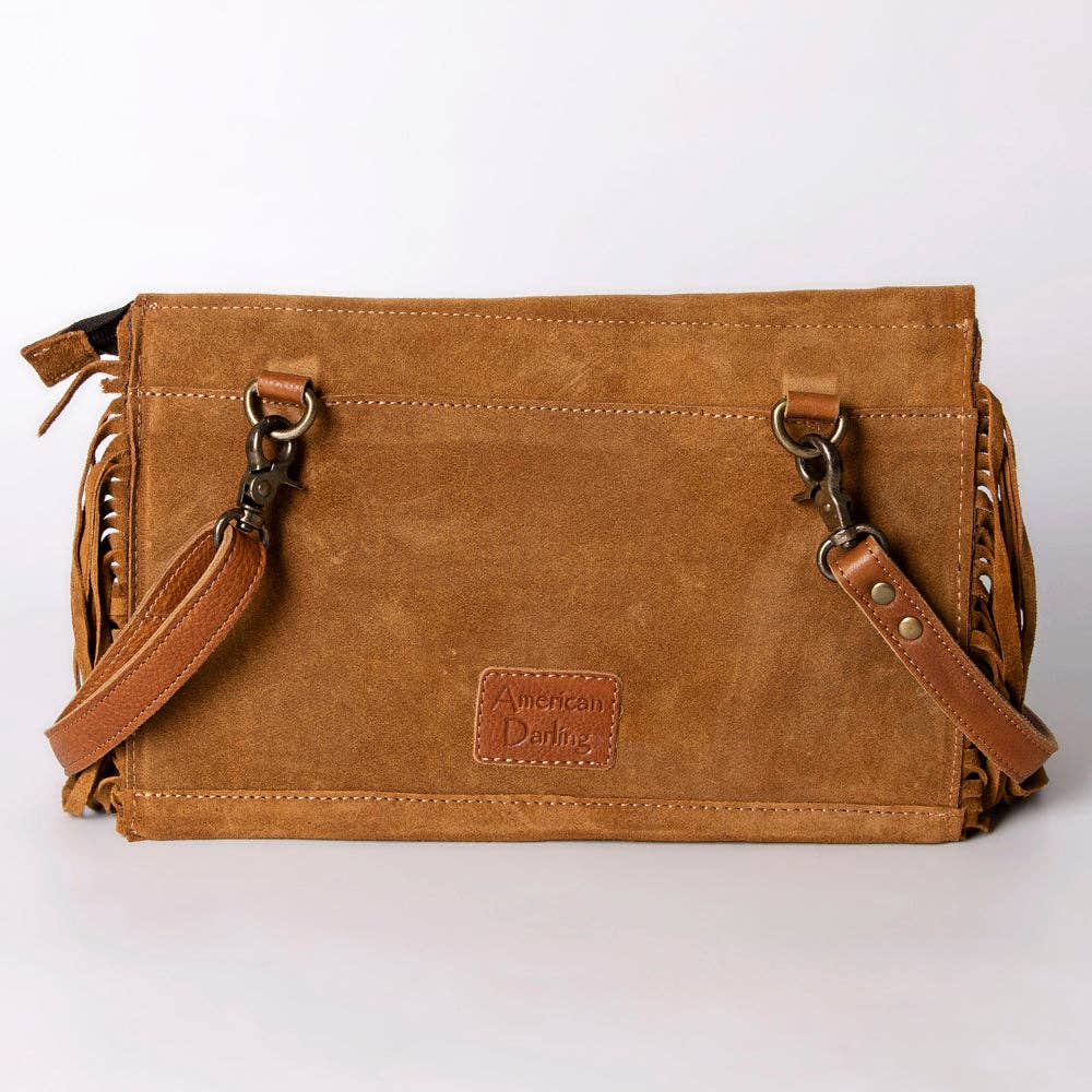 Suede Leather & Fringe Purse Clutch, Caramel