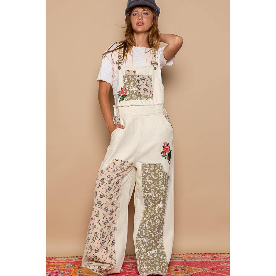 Patchwork Denim Overall, Almond