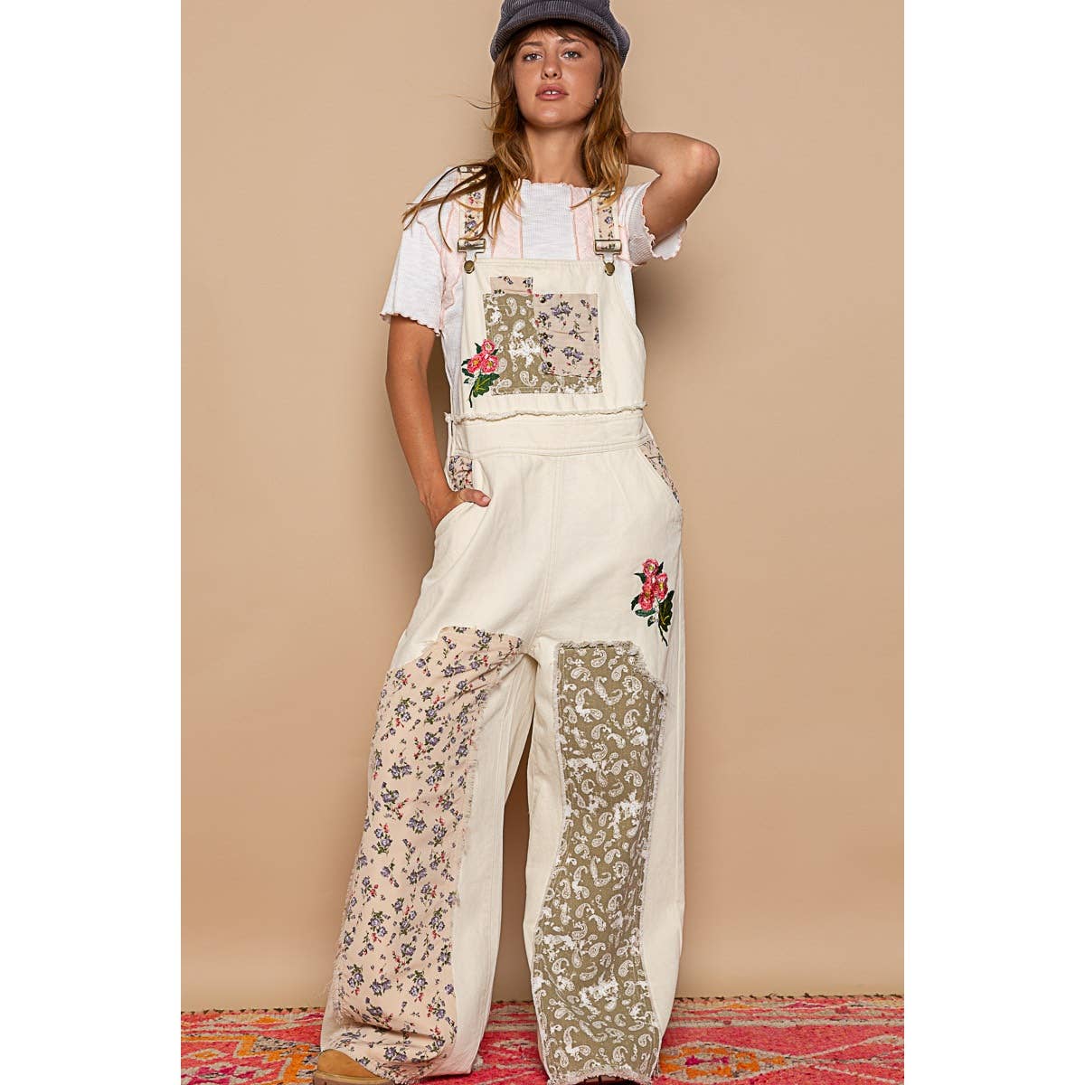 Patchwork Denim Overall, Almond