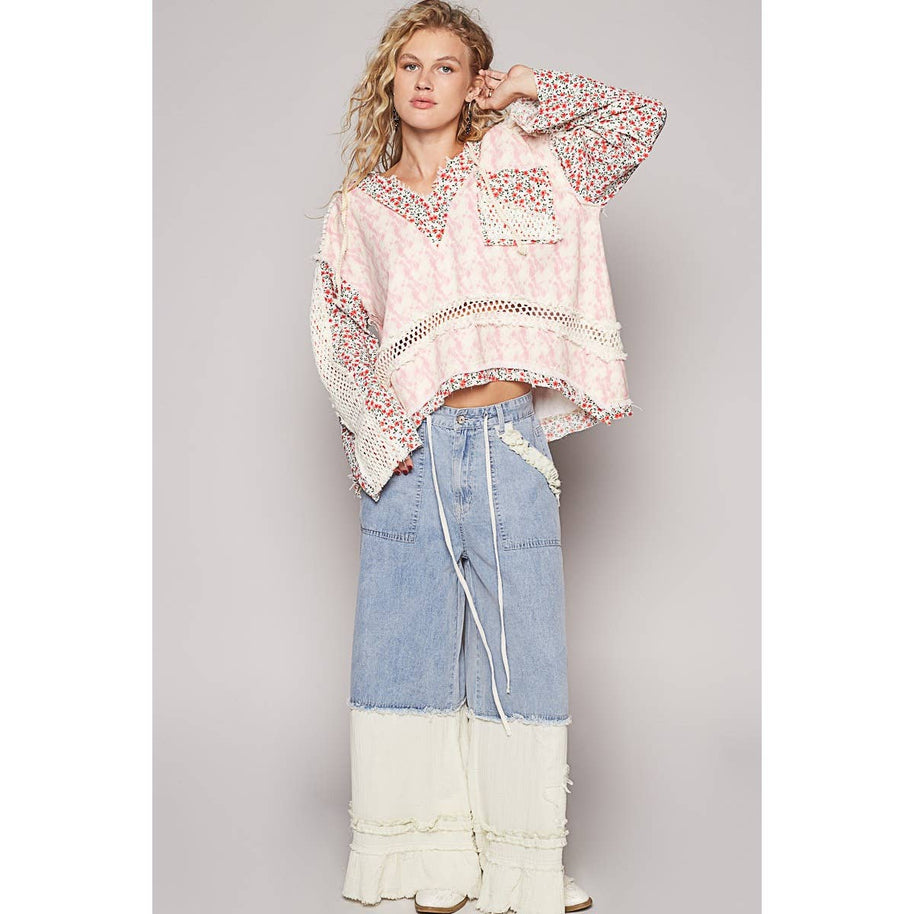 V-Neck Floral Patch Hooded Top