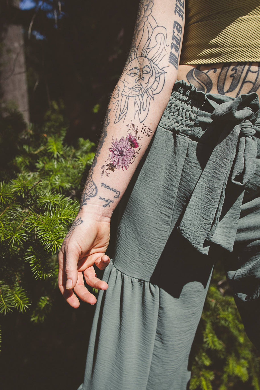 Tiny Intentions Be Here Now Dahlia Tattoo