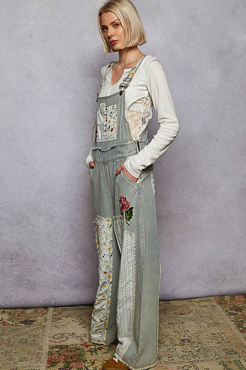 Pol Clothing Floral Patchwork Embroidery Overall