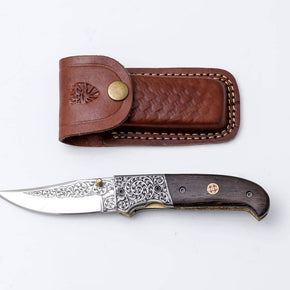 Hand-Engraved Folding Knife with Leather Sheath