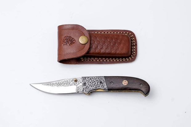 Hand-Engraved Folding Knife with Leather Sheath