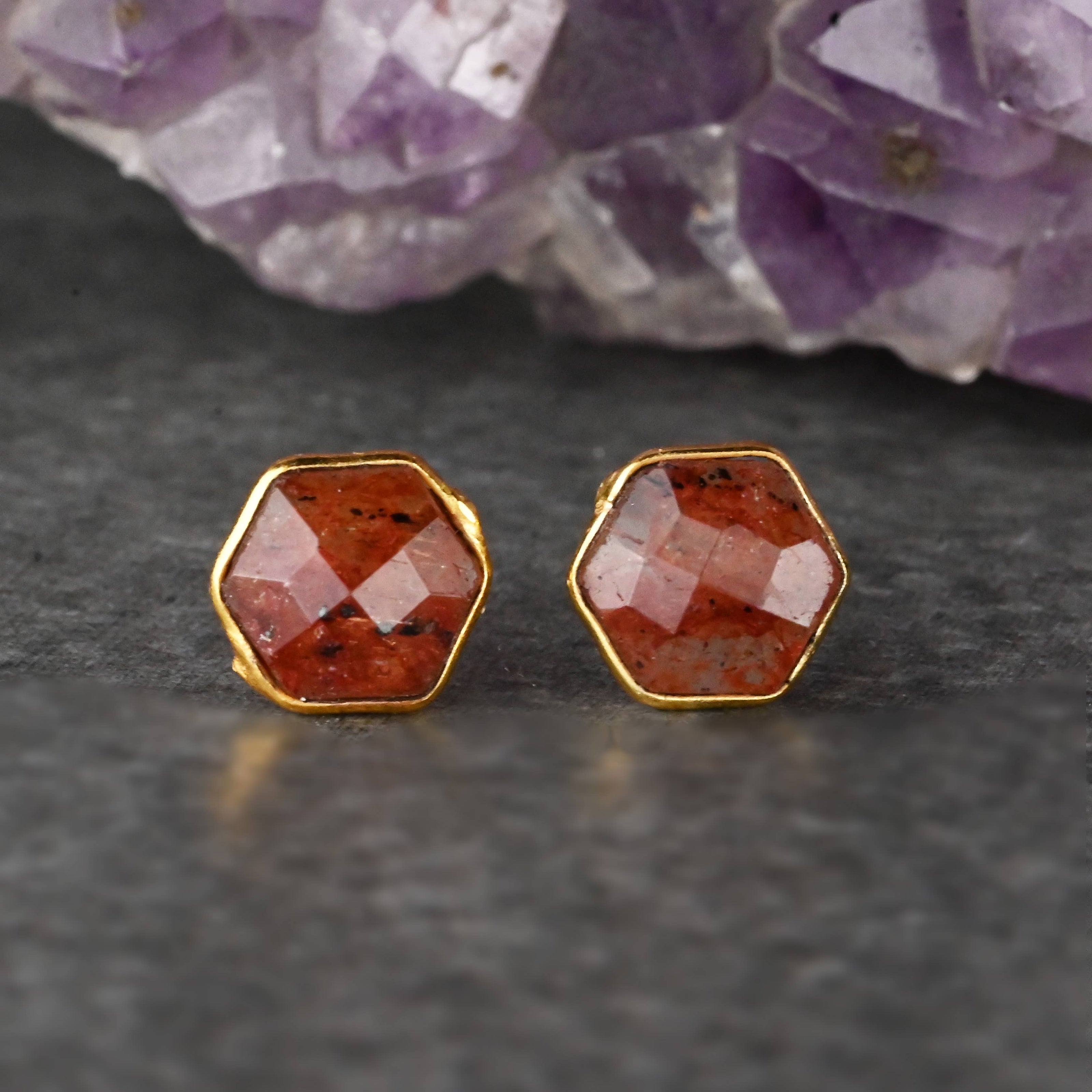 Semi Precious Hexagon Gemstone Studs (8mm gold)