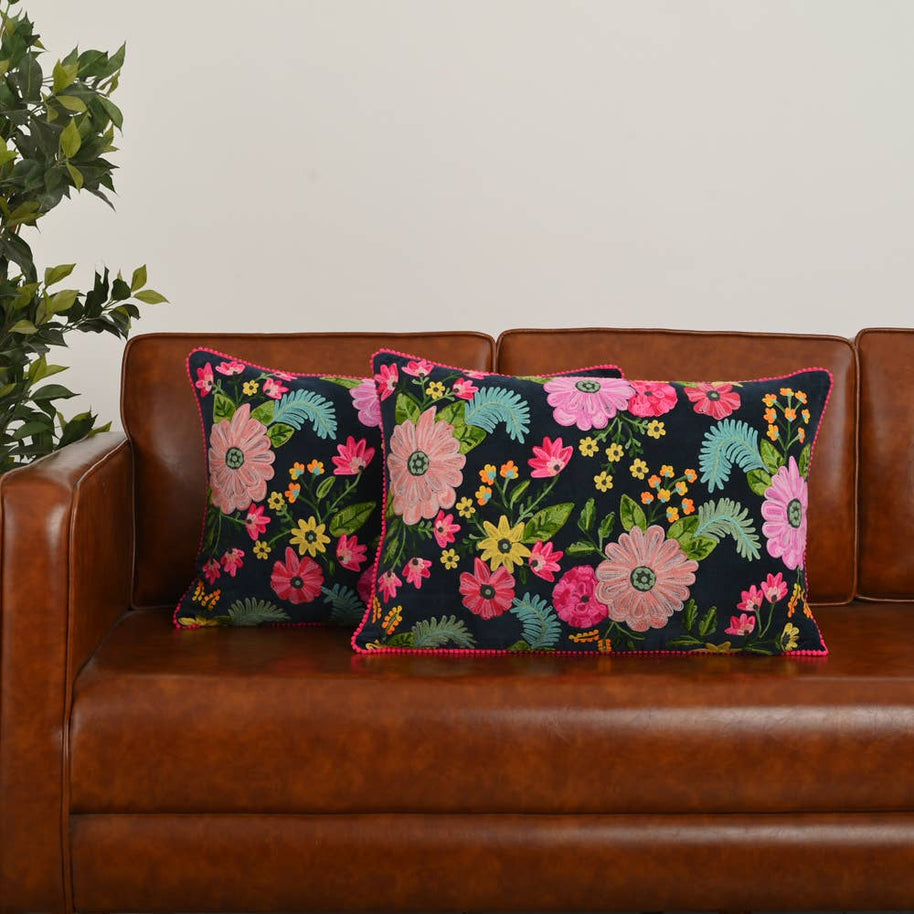 Embroidered Navy Pillow, 16 x 24