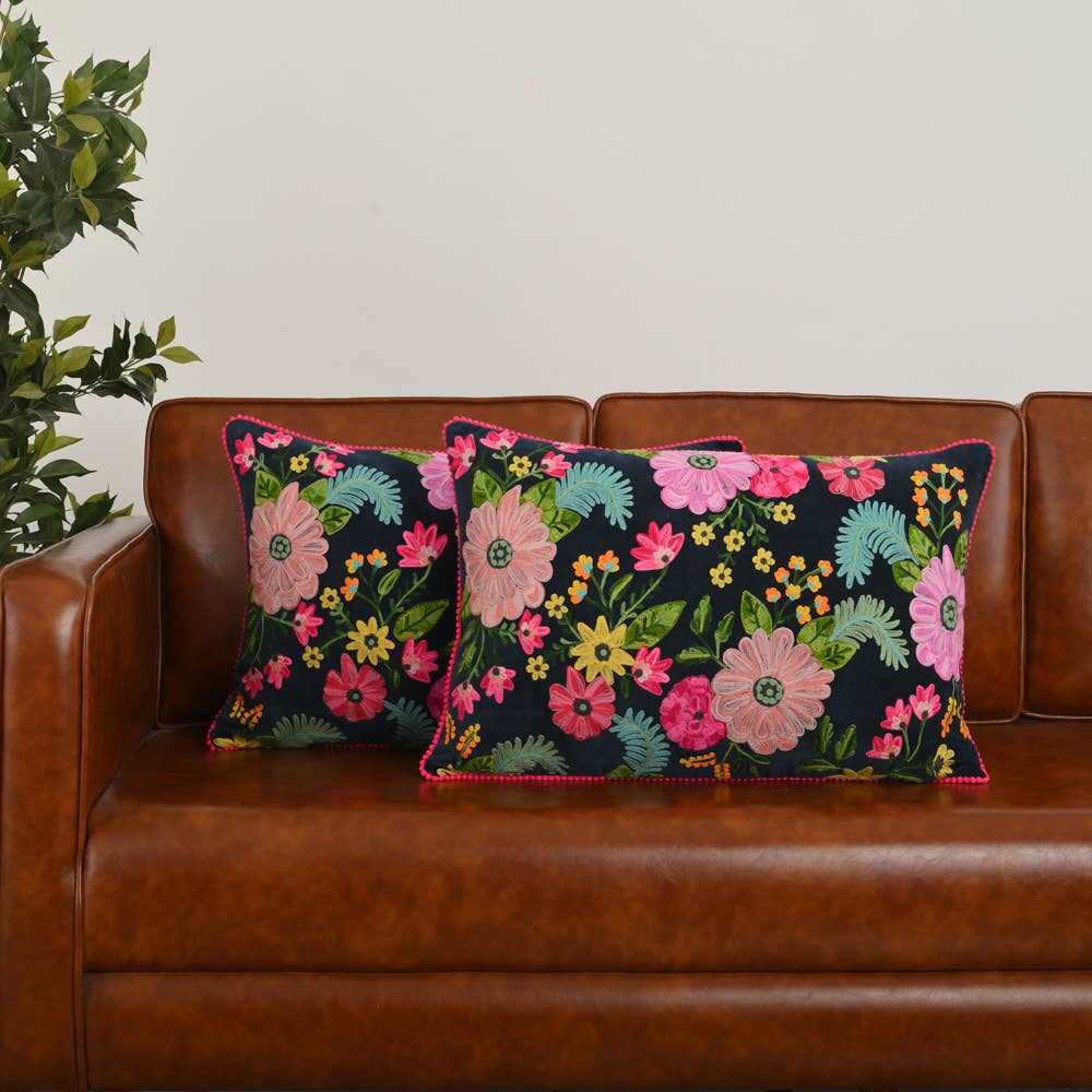 Embroidered Navy Pillow, 16 x 24