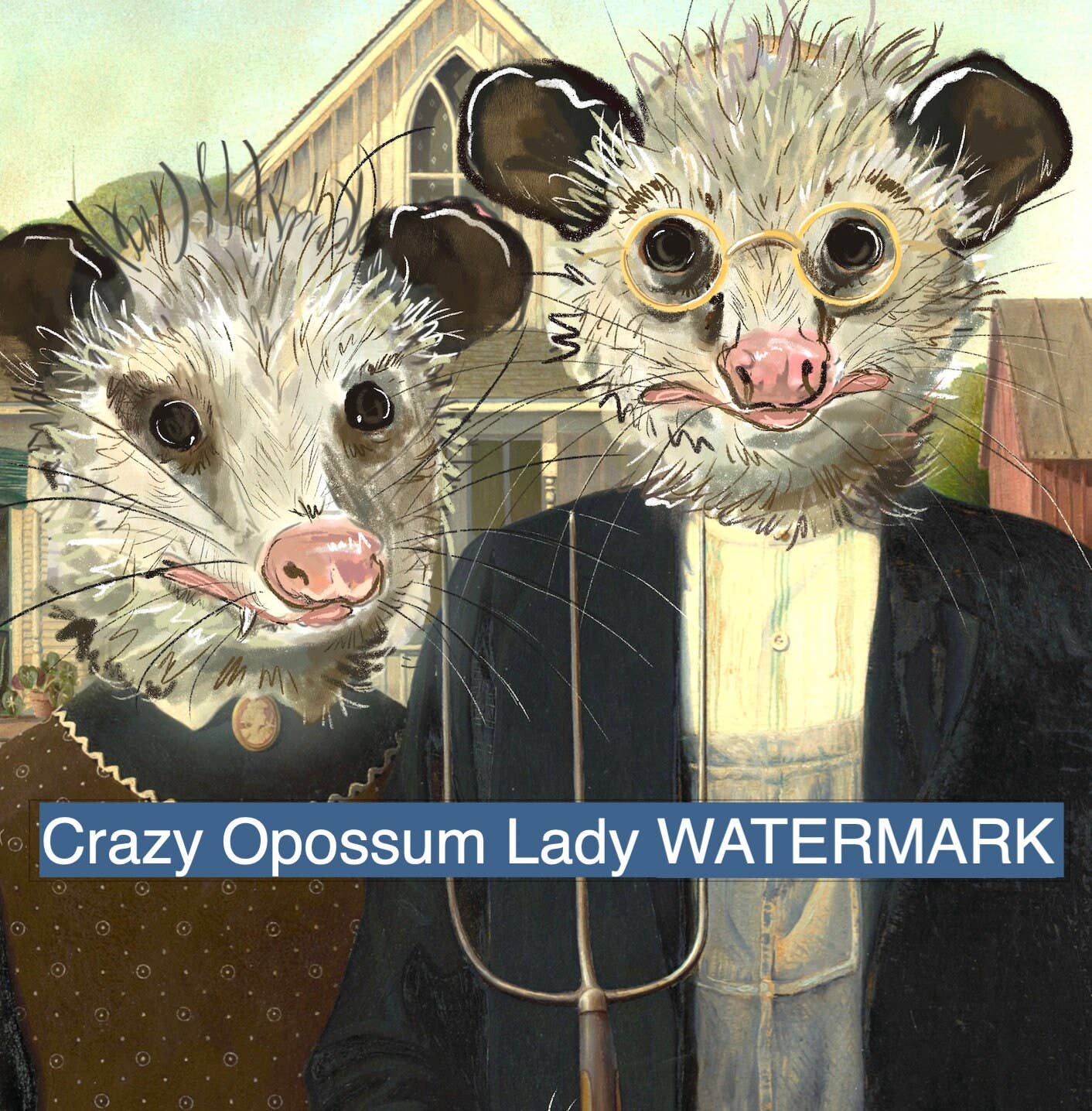 Print:  The American Goth Opossum Grant Wood Famous: 8x10