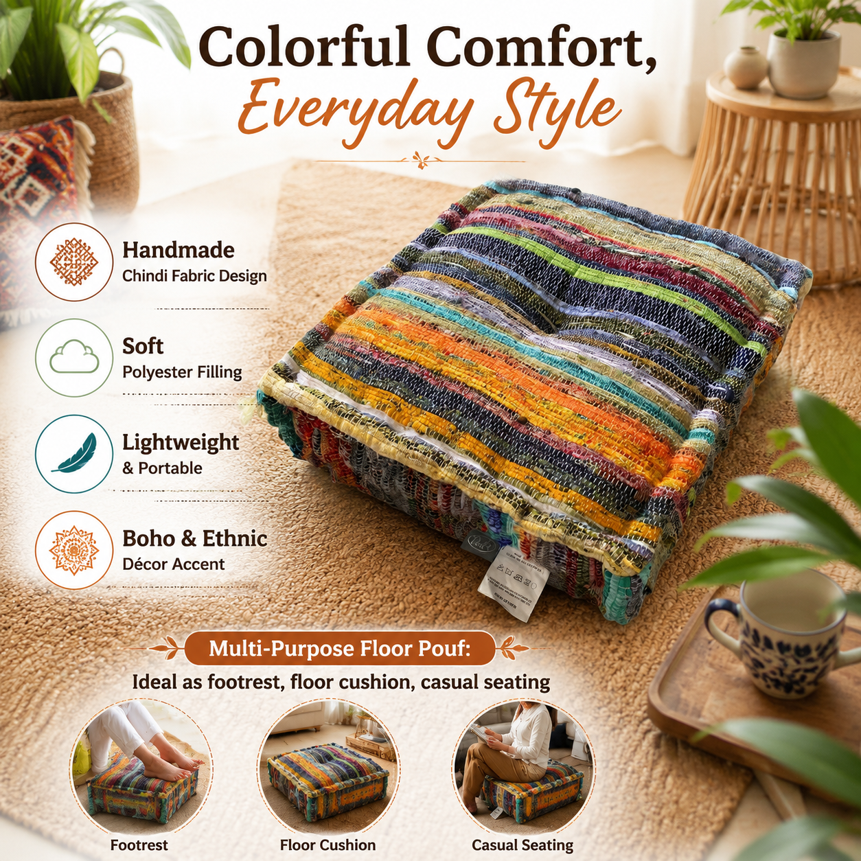 Handmade Square Floor Pillow, 16x16