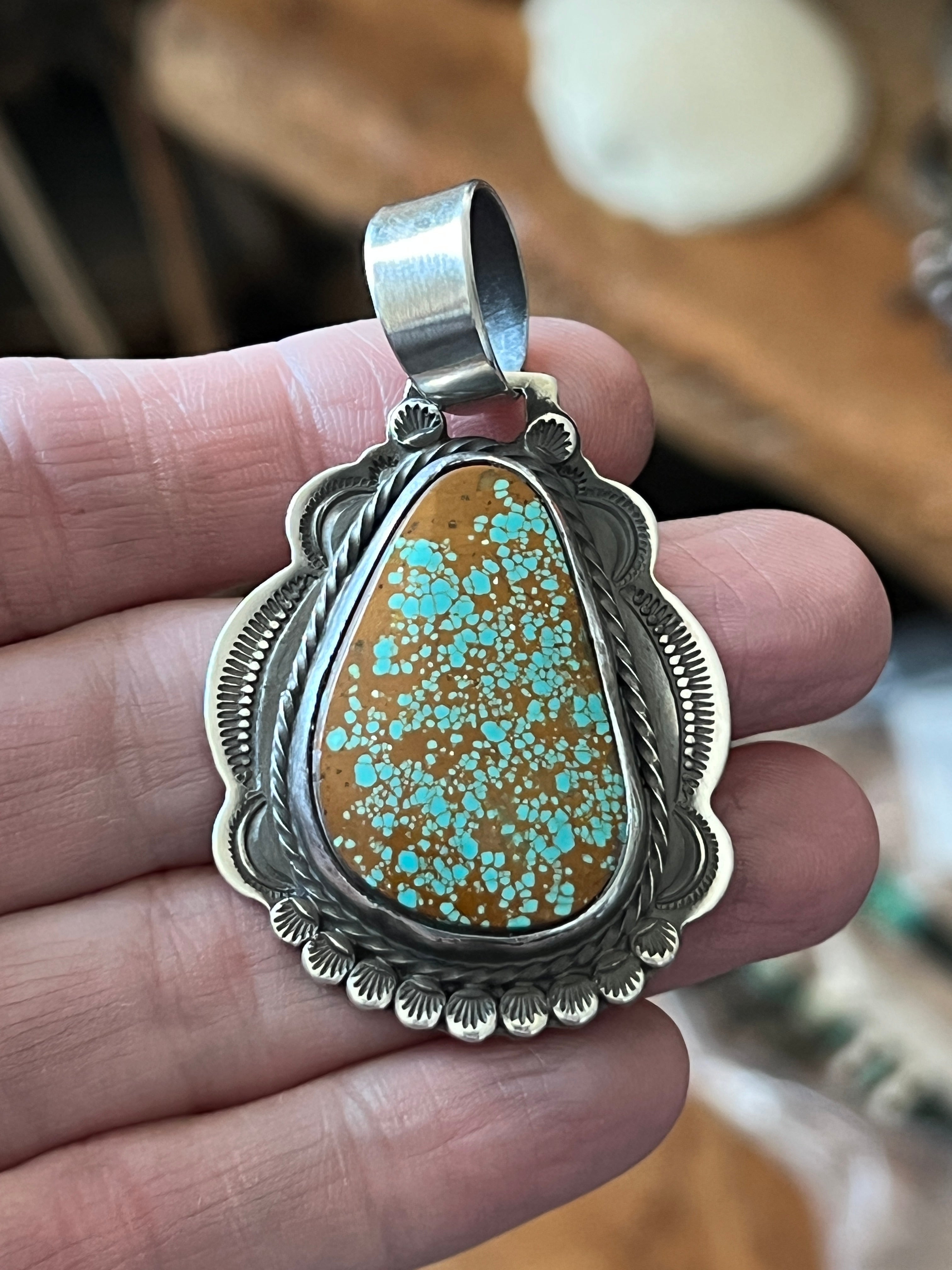 Hand Stamped Sterling Silver & Number 8 Turquoise Pendant by Kimari Somers
