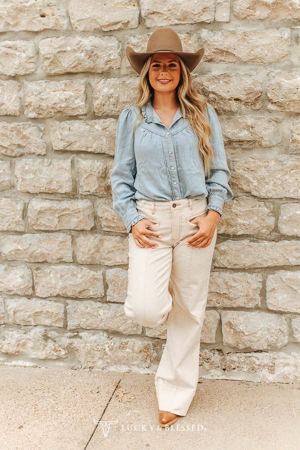 Light Wash Long-Sleeve Denim Pearl Snap