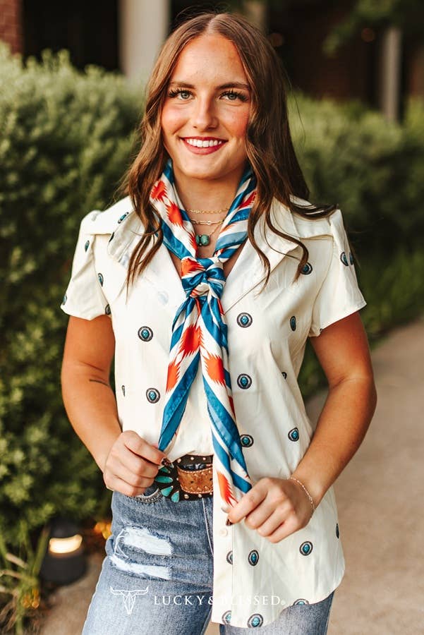 Teal Horse Orange Aztec Double Sided Printed Wild Rag
