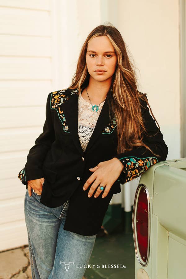 Black Sued Embroidered Yoke Blazer - S-3XL