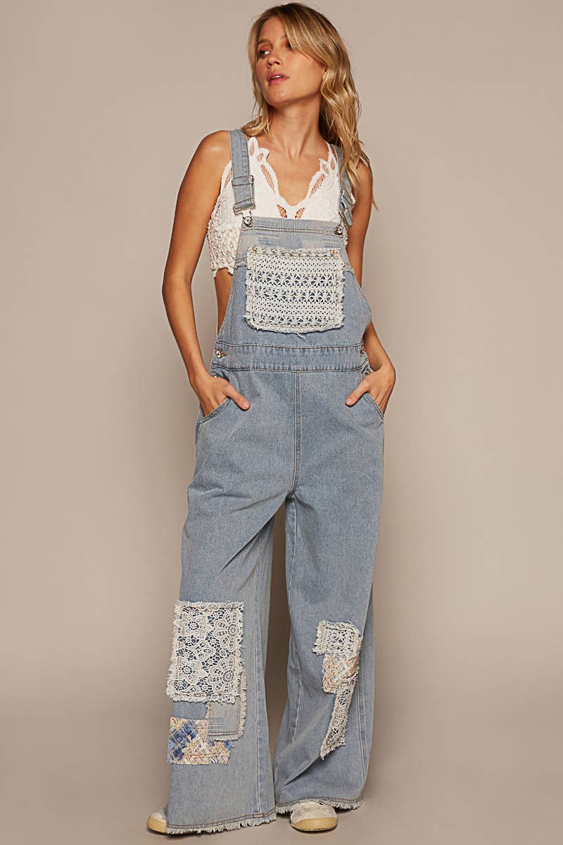 Crochet patchwork detail casual denim overalls