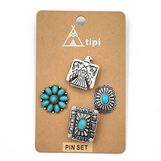 WESTERN AZTEC TURQUOIS THUNDERBIRD FLOWER HAT PIN SET BROOCH