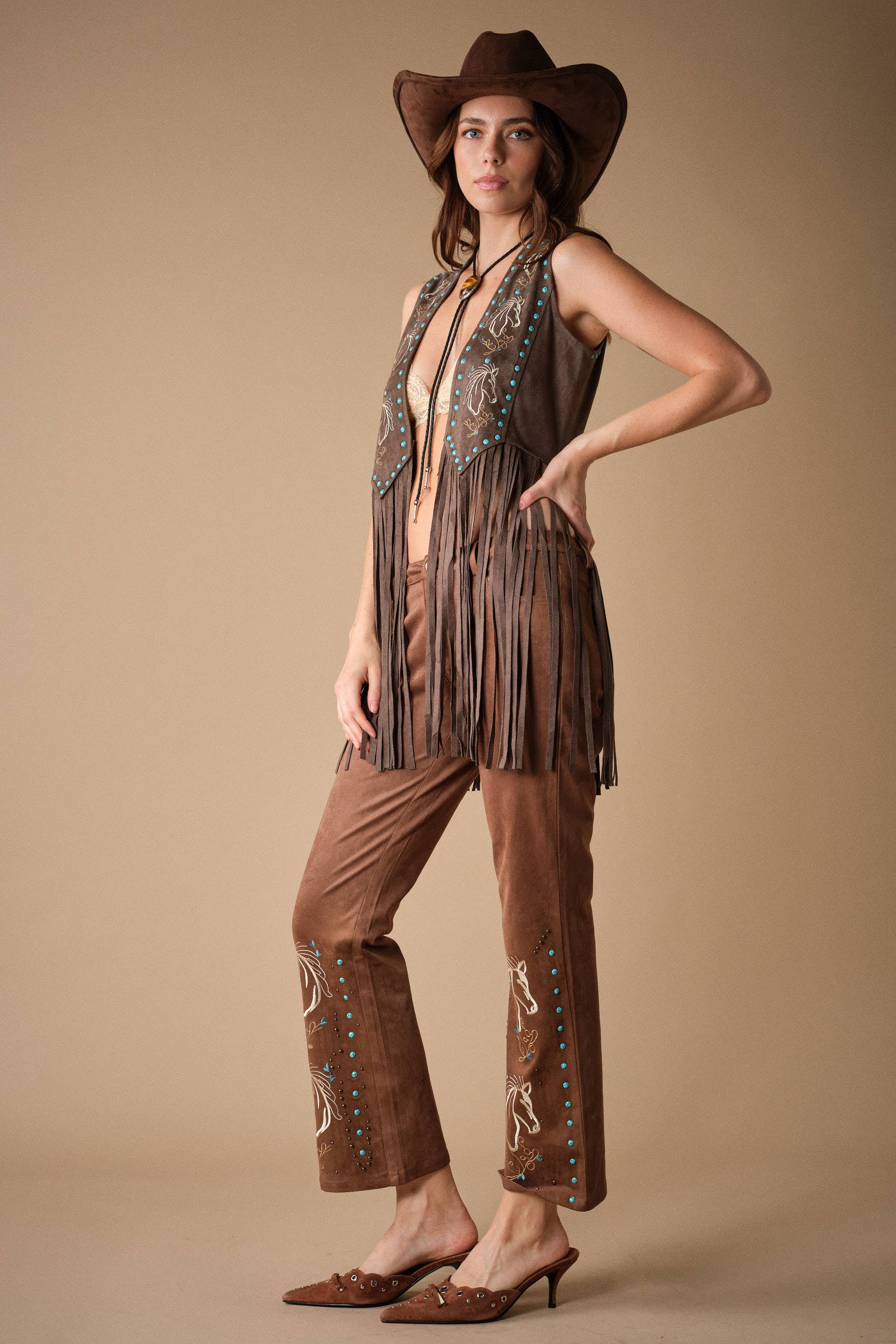 Western Horse Embroidery Fringe Vest