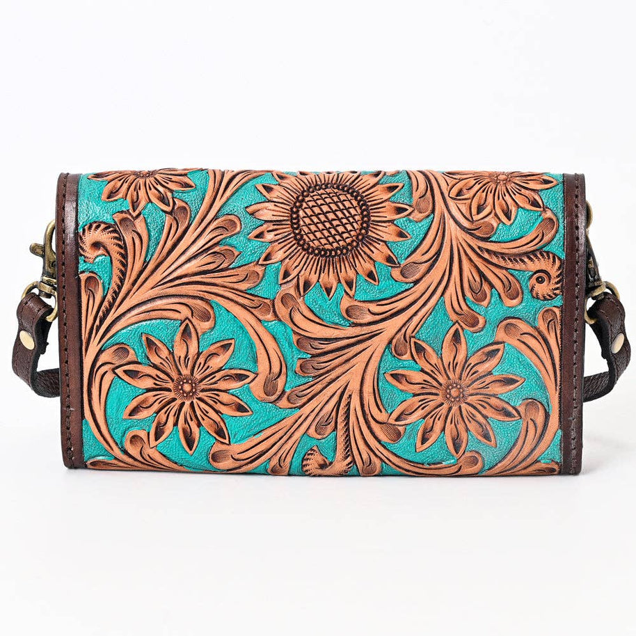 Tooled Leather Envelope Purse/Wallet with Turquoise