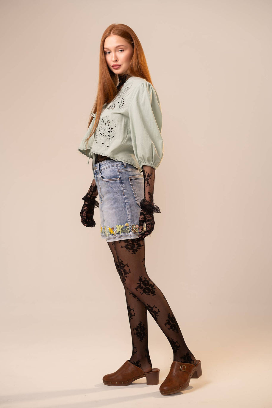 High Rise Cuffed Embroidered Denim Shorts