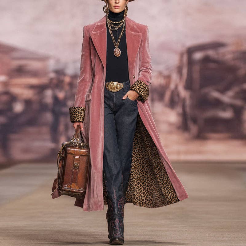 Long Velvet Leopard Cuff Coat