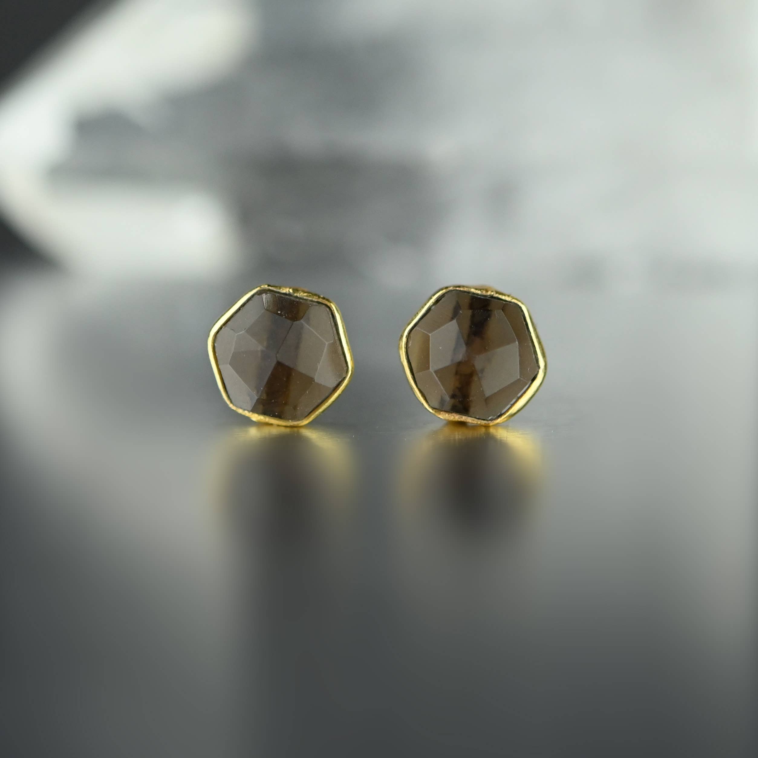 Semi Precious Hexagon Gemstone Studs (8mm gold)