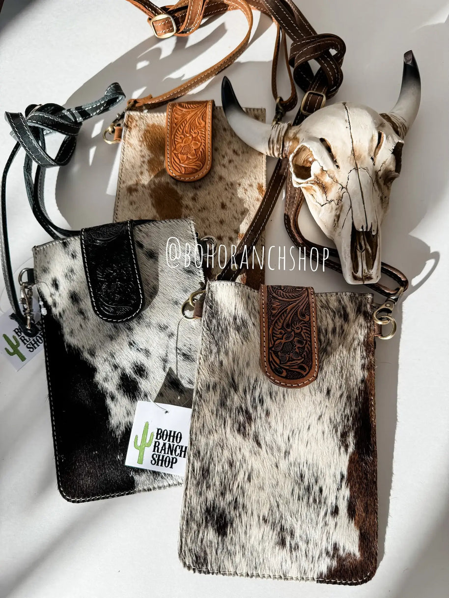 Western Tooled Leather Cowhide Mobile Pouch