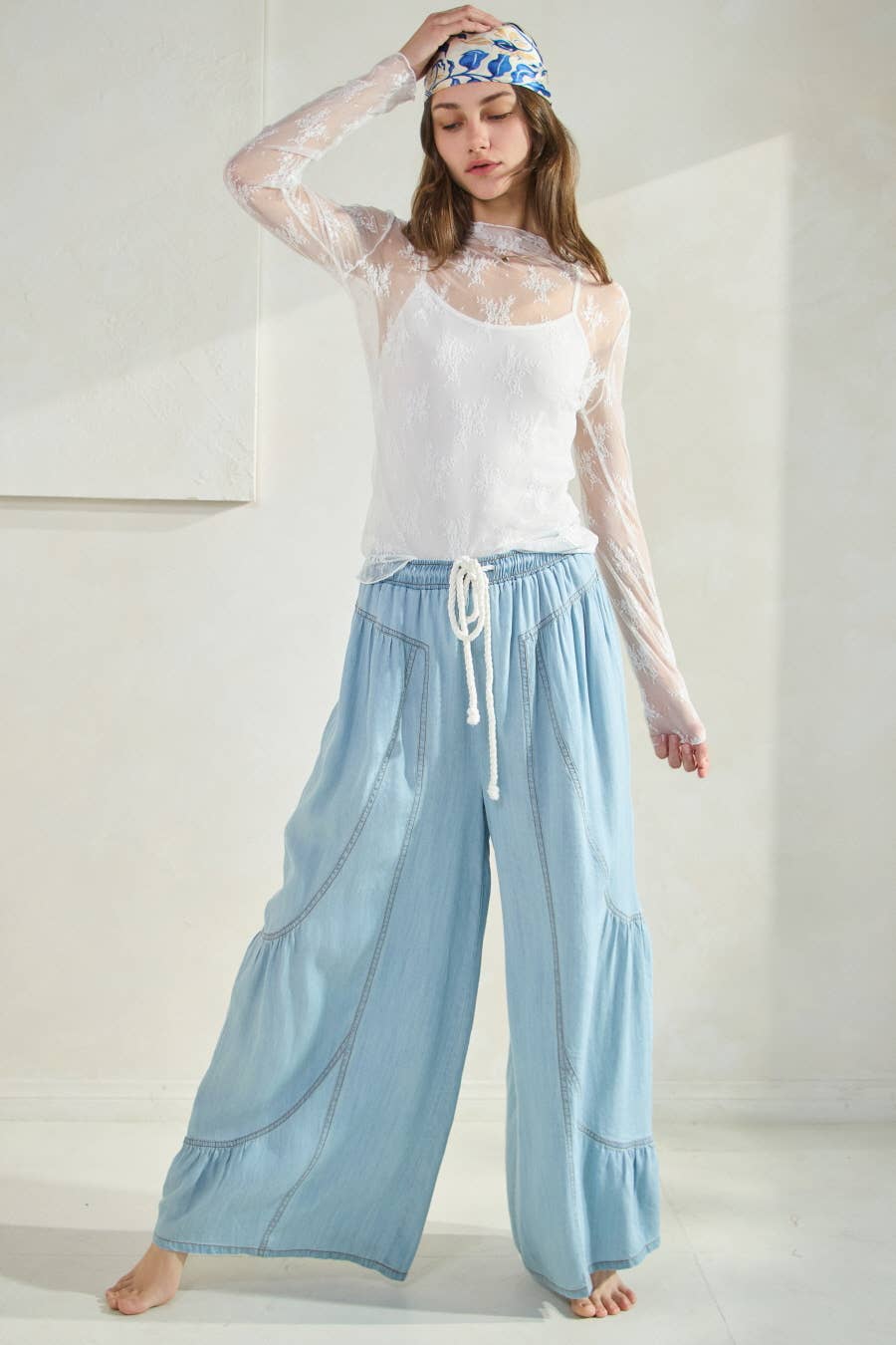 Chambray Denim Wide Palazzo Pants