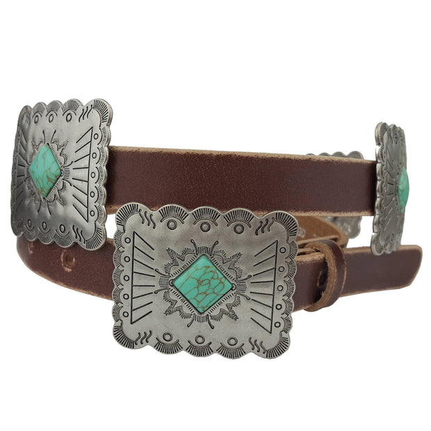 Distressed Leather Belt with Rectangle Conchos