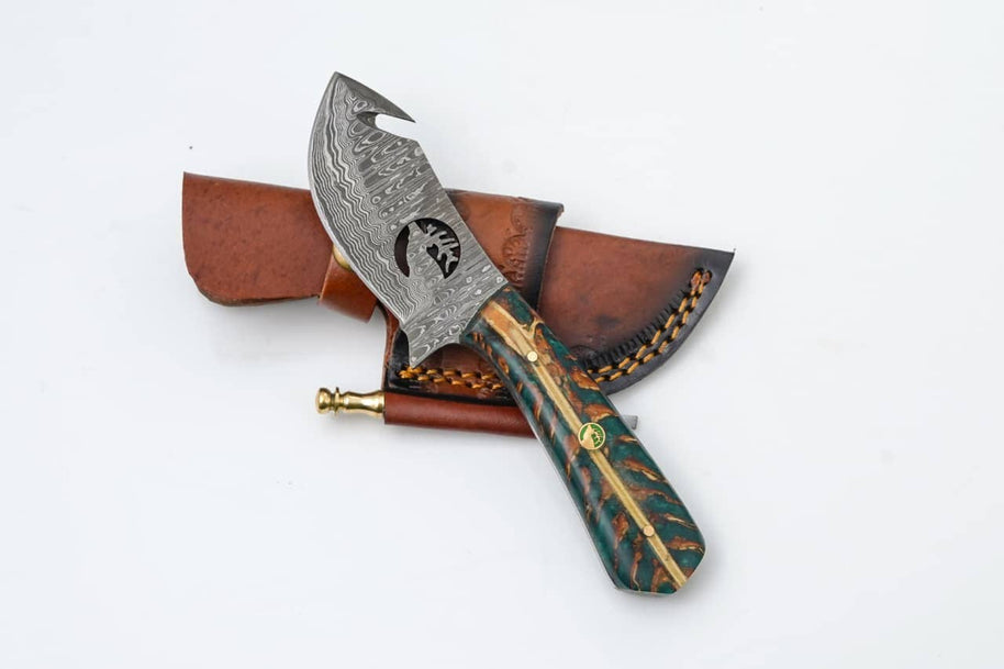 Damascus Guthook Hunting Knife with Green & Bronze Resin Handle
