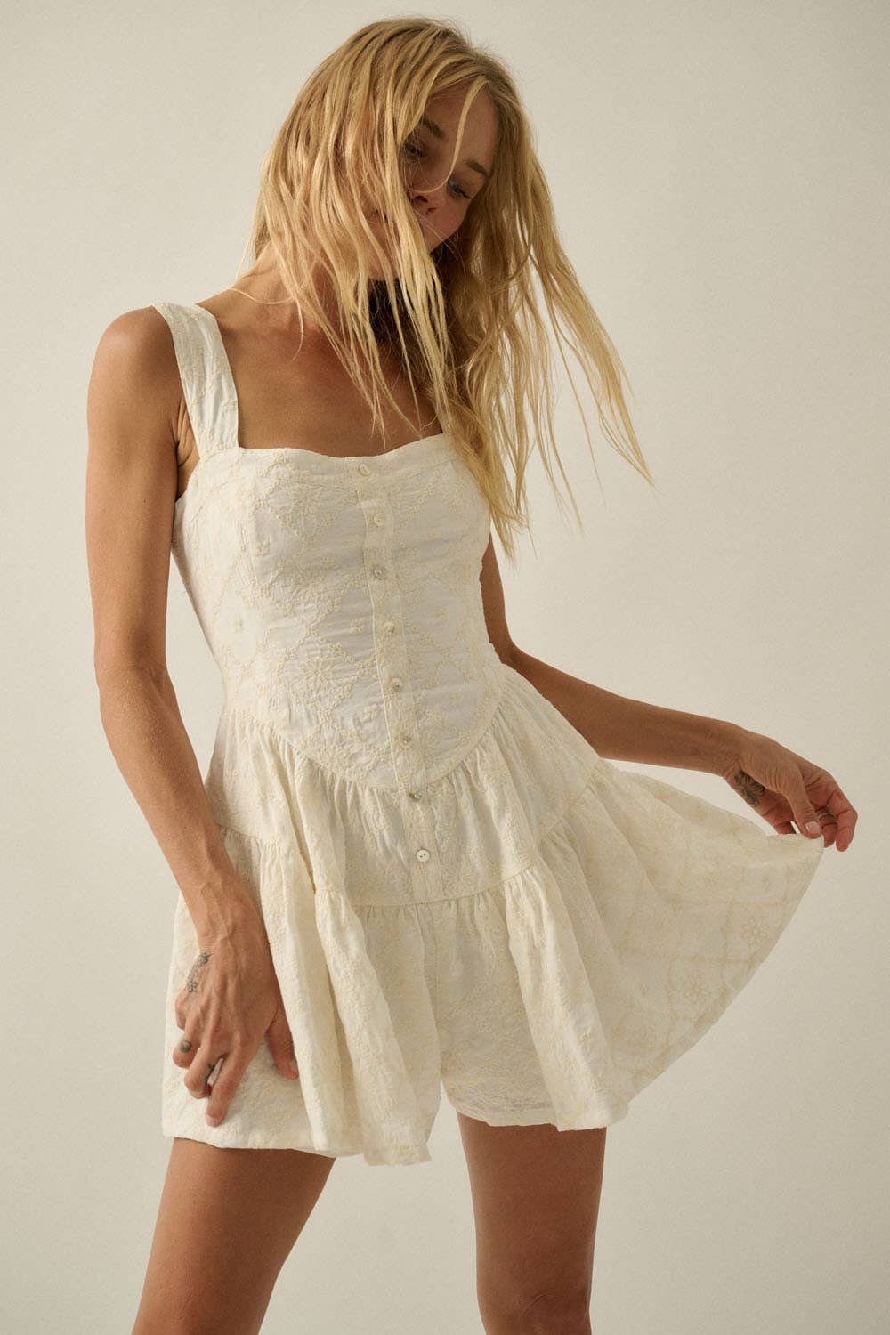 Rita Romper: Floral-Embroidered Corset Romper