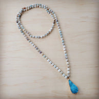 Frosted Amazonite Long Beaded Necklace with Agate Pendant 260o