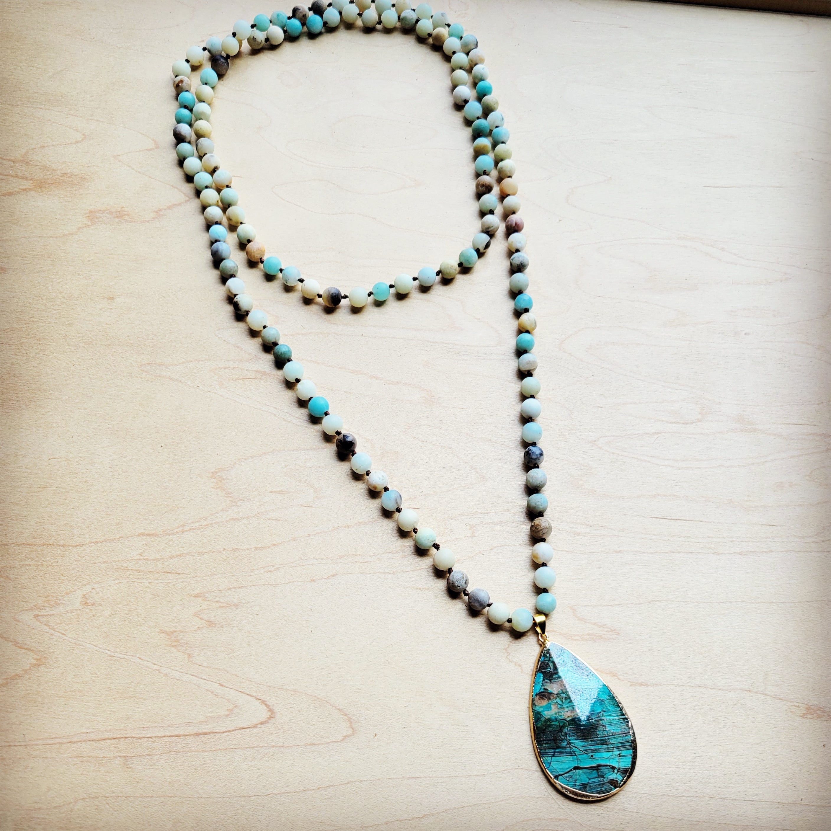 Frosted Amazonite Long Beaded Necklace with Agate Pendant 260o