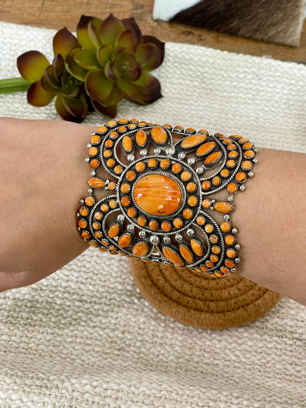 Beautiful Handmade Sterling Silver & Orange Spiny Cuff Bracelet