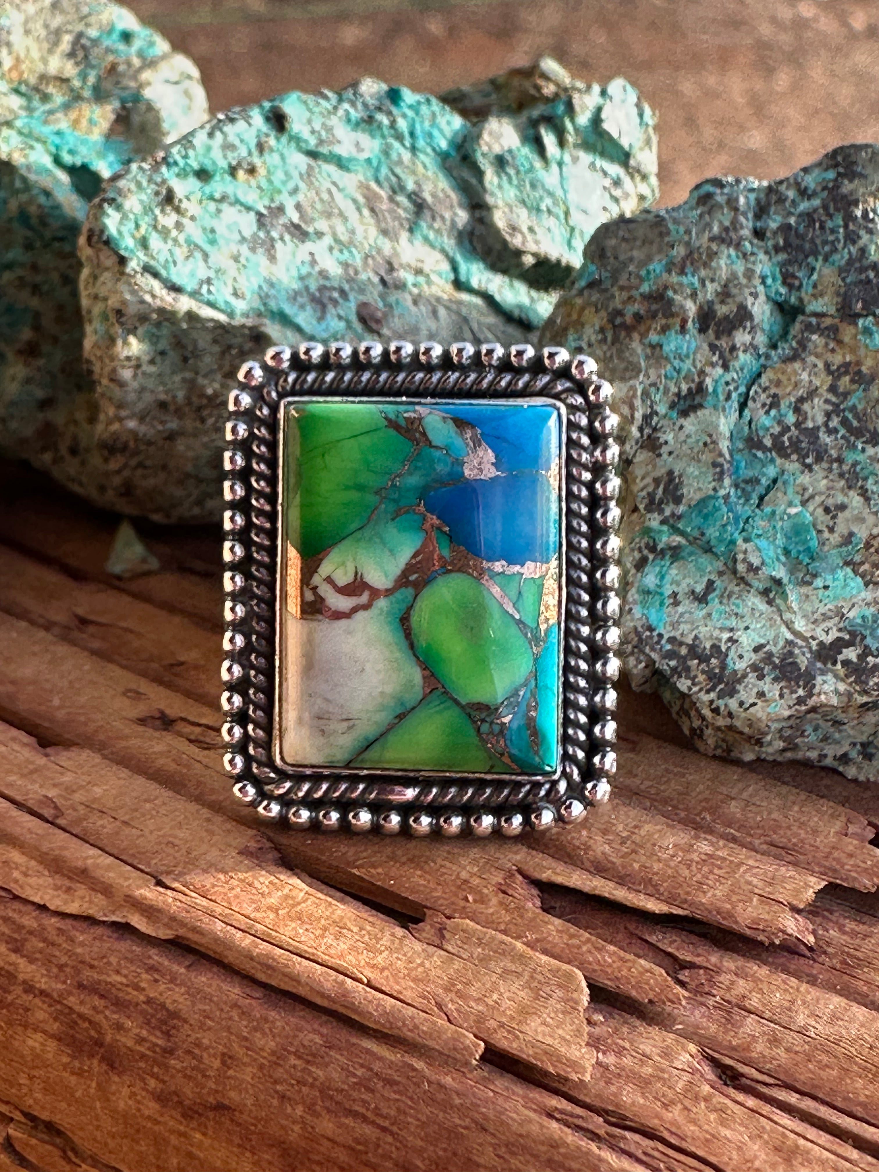 Beautiful Handmade Peacock Dahlia Rectangle Sterling Silver Adjustable Ring