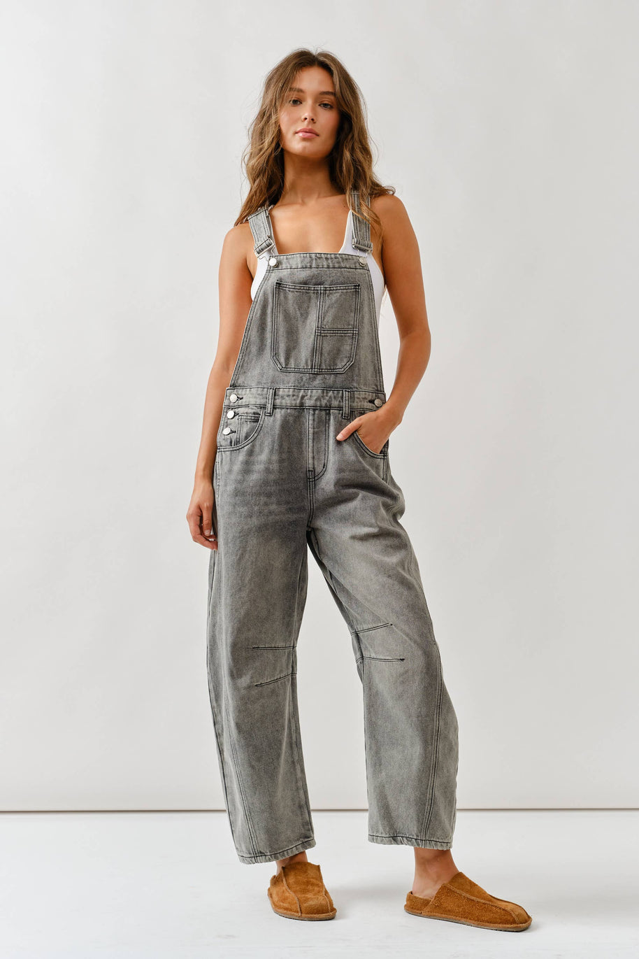 Relaxed Fit Denim Overalls, Gray