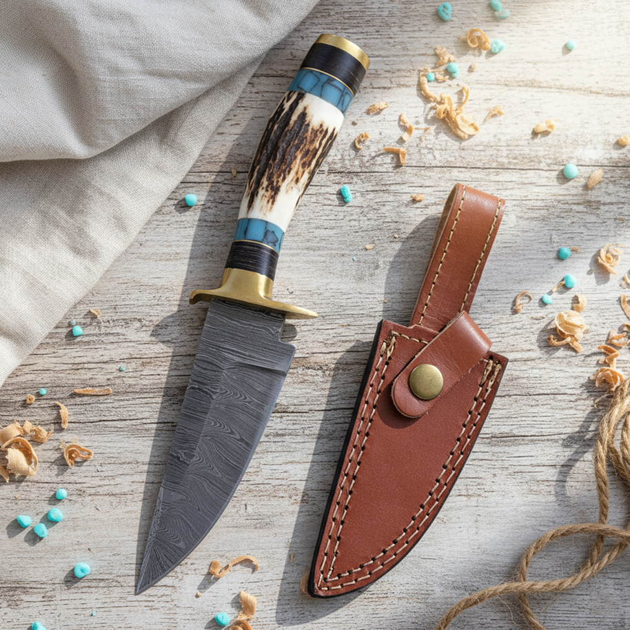 8" Damascus knife with Horn Handle, Turquoise Color