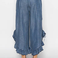 Smocked Ruffle Chambray Pants