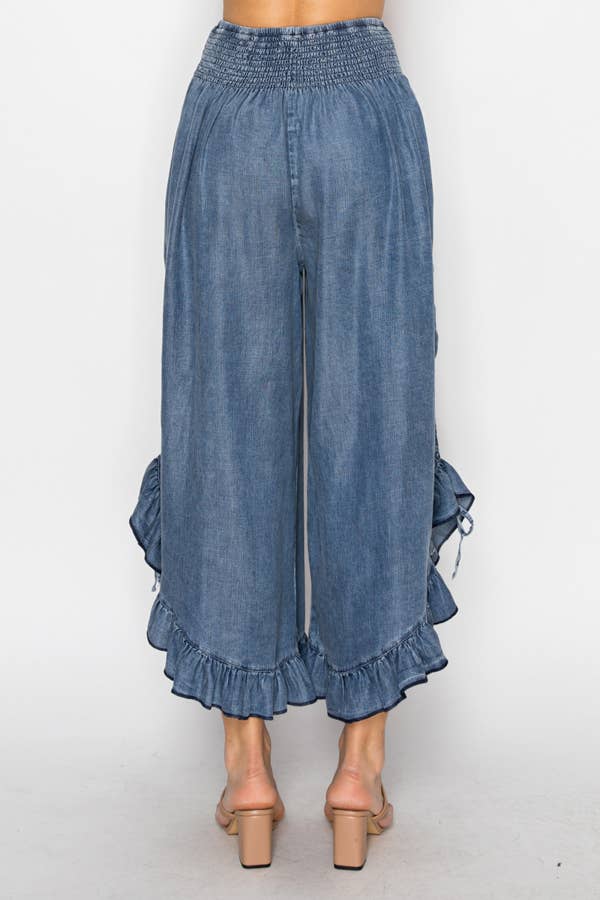 Smocked Ruffle Chambray Pants