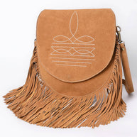 Suede Western Fringe Messenger Bag - White Stitch Design