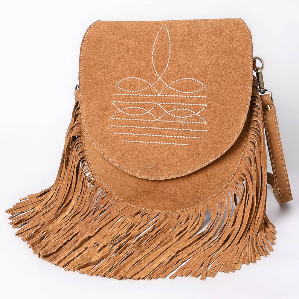 Suede Western Fringe Messenger Bag - White Stitch Design