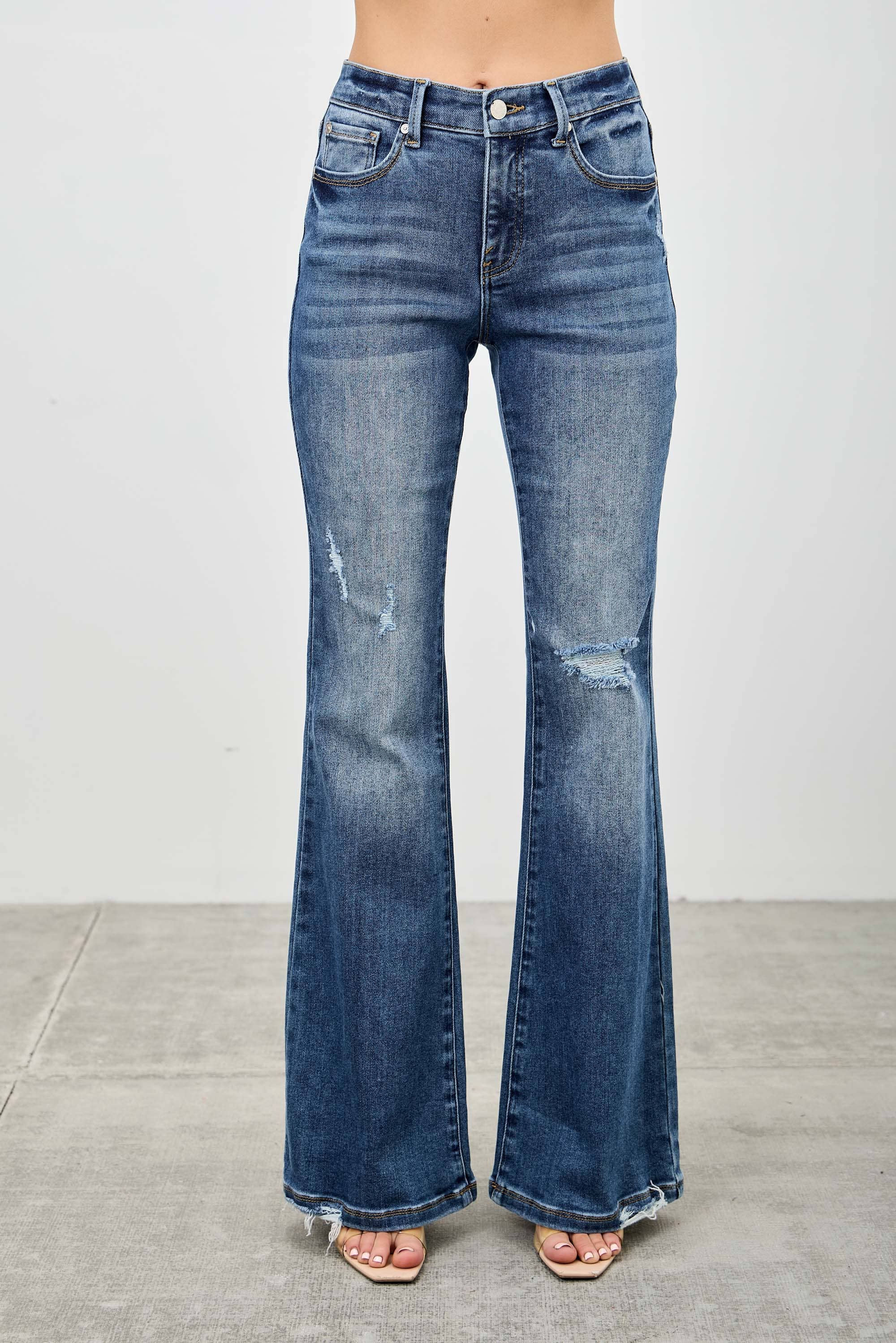Mid-Rise Boot Cut Distressed Jean