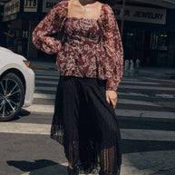 Lace Curved-Hem Midi Skirt, Black