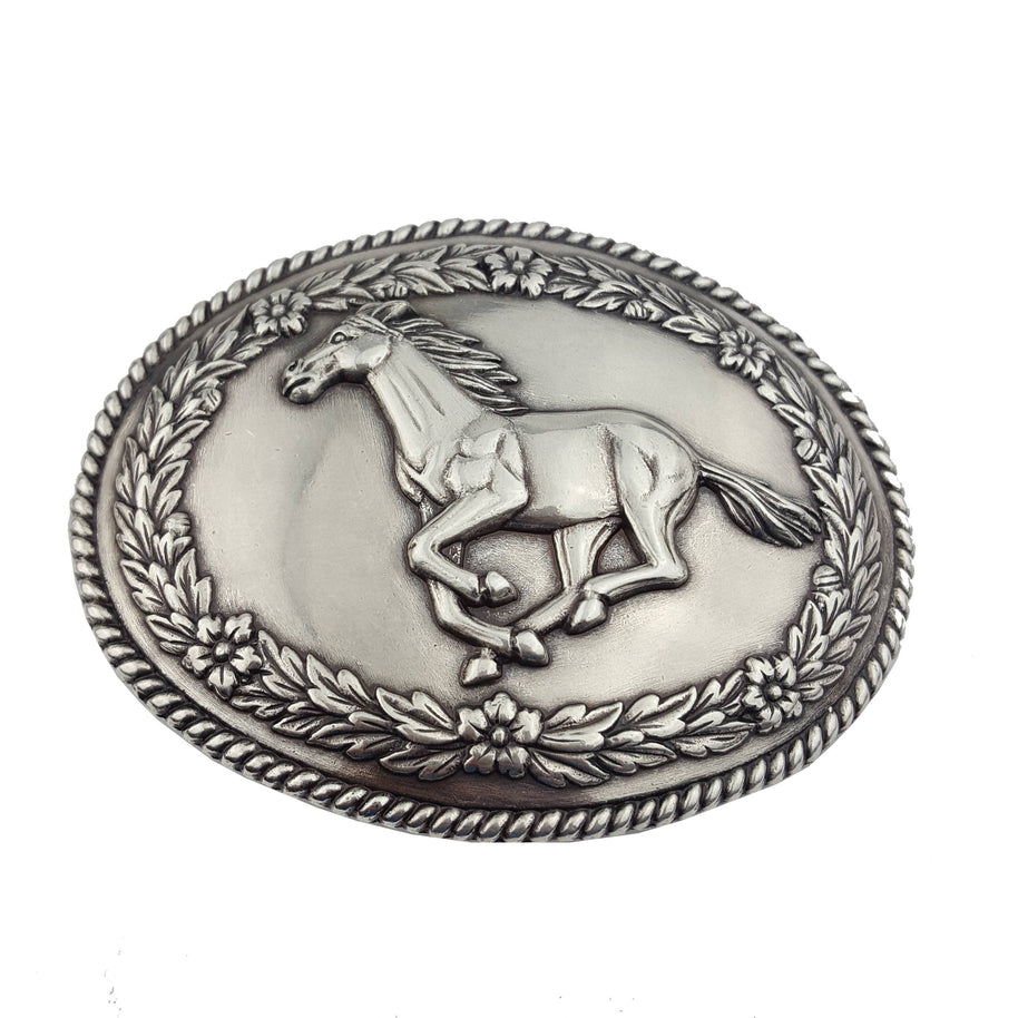 Silver Western Galloping Horse w. floral tooled belt