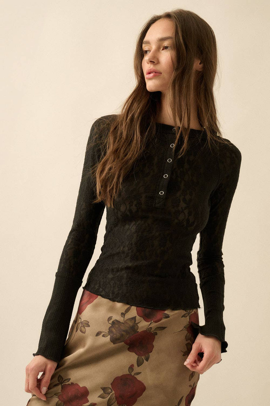 Lace Raglan-Sleeve Henley Top, Black