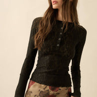 Lace Raglan-Sleeve Henley Top, Black