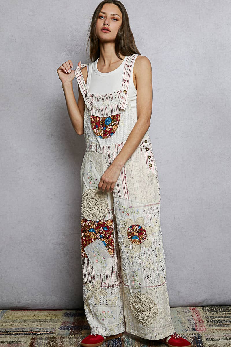 Floral Patchwork Woven Overalls