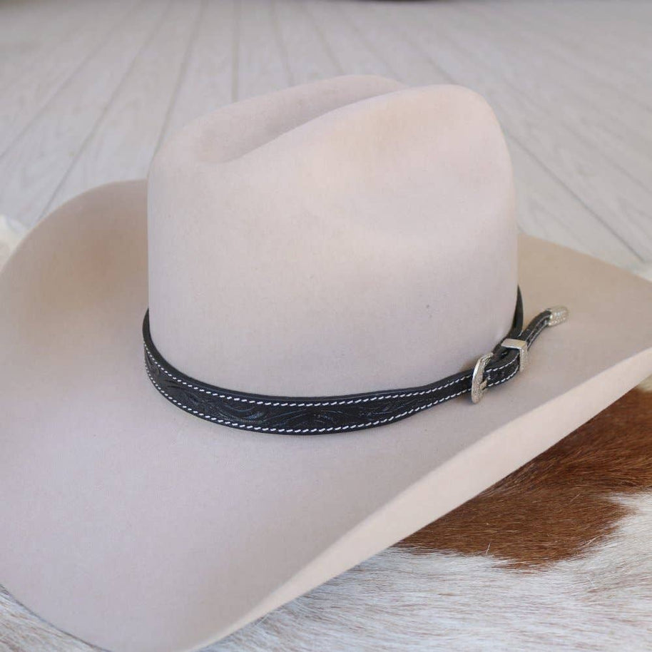 Black Tooled Leather Buckle Hat Band