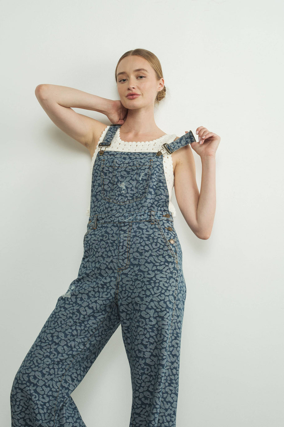 Animal Print Wide Leg Denim Overalls
