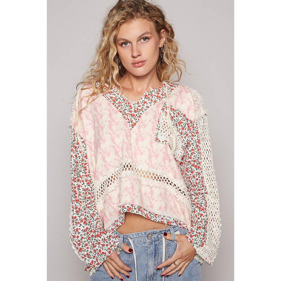 V-Neck Floral Patch Hooded Top